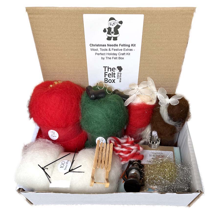 Christmas needle felting kits: robin and santa with red white and green carded felting wool and tools in a box, branded 'The Felt Box'.