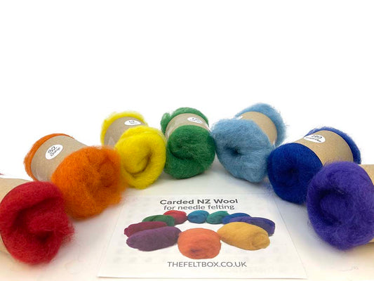 Carded Needle Felting Wool Rainbow Colour Multicoloured Felting Batt 7x 20g