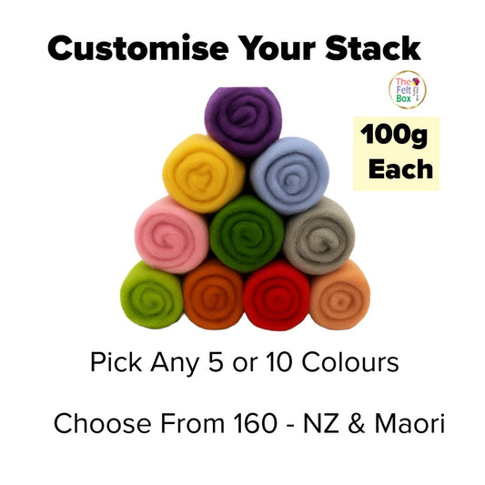 Colorful carded felting wool stacks arranged in a pyramid shape with text about customization options on a white background. With text pick any 5 or 10 colours and choose from 160- nz and maori
