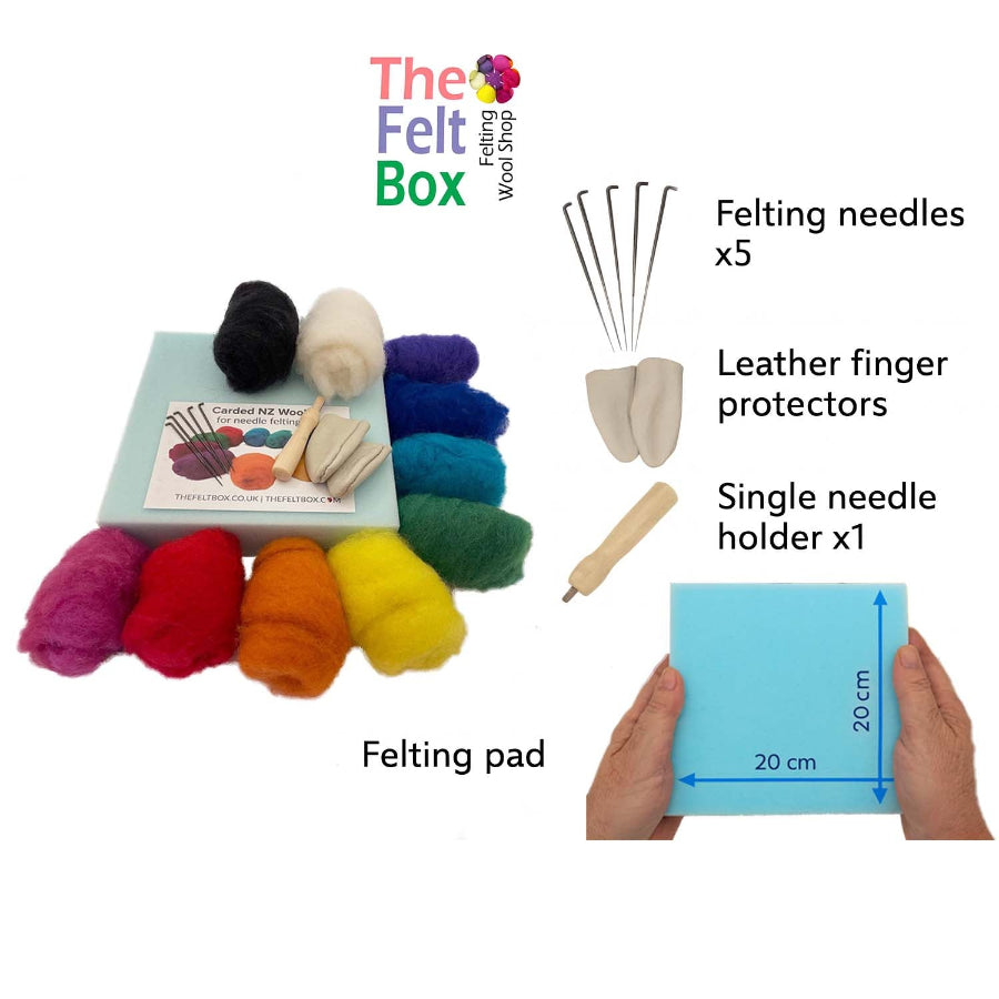 10 balls of bright carded wool fro needle felting. 5 felting needles. hands holding blue felting mat, leather finger protectors, needle holder