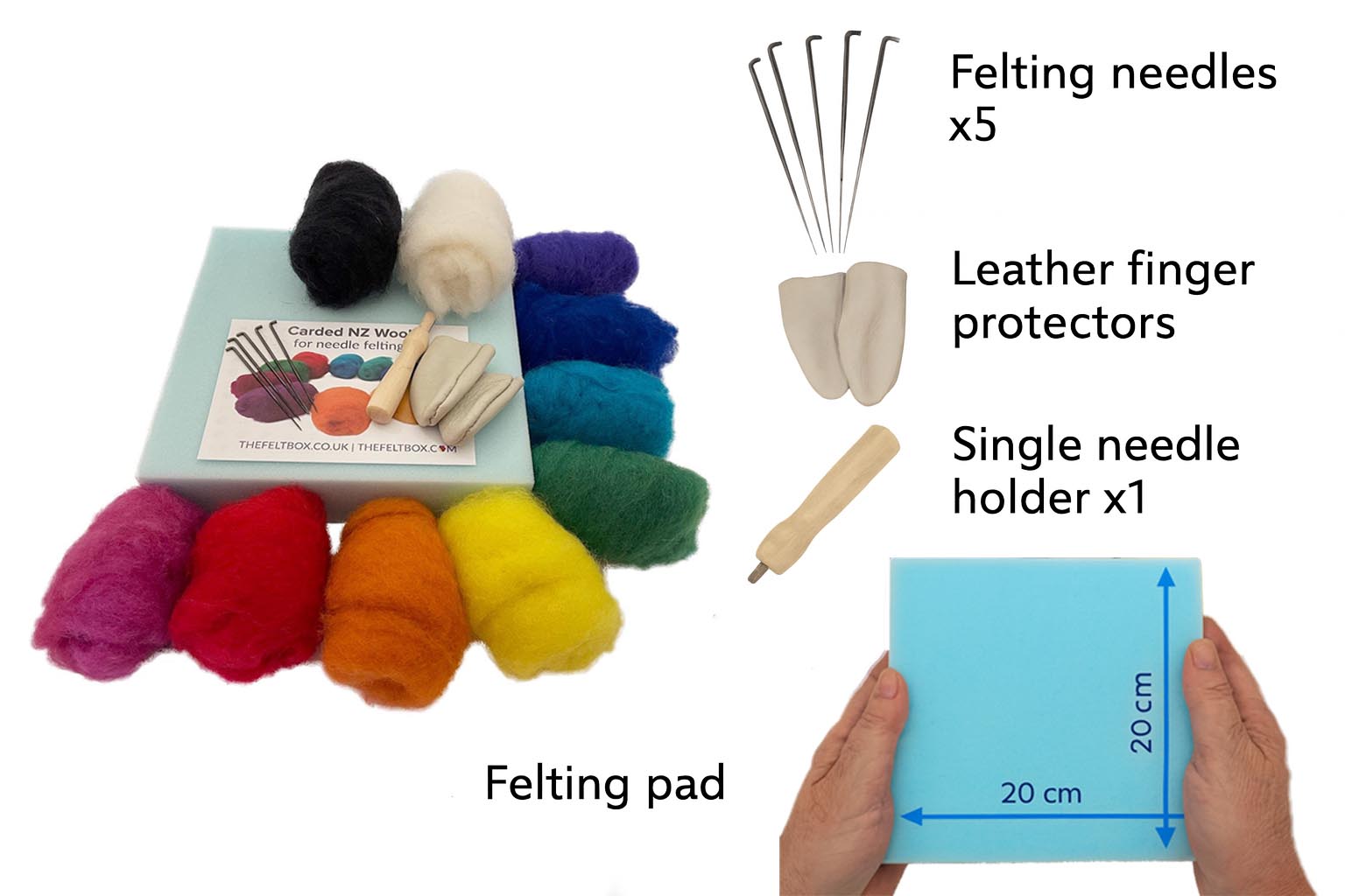 selection of needle felting supplies including 10 balls of carded wool, needles, holder, felting pad,