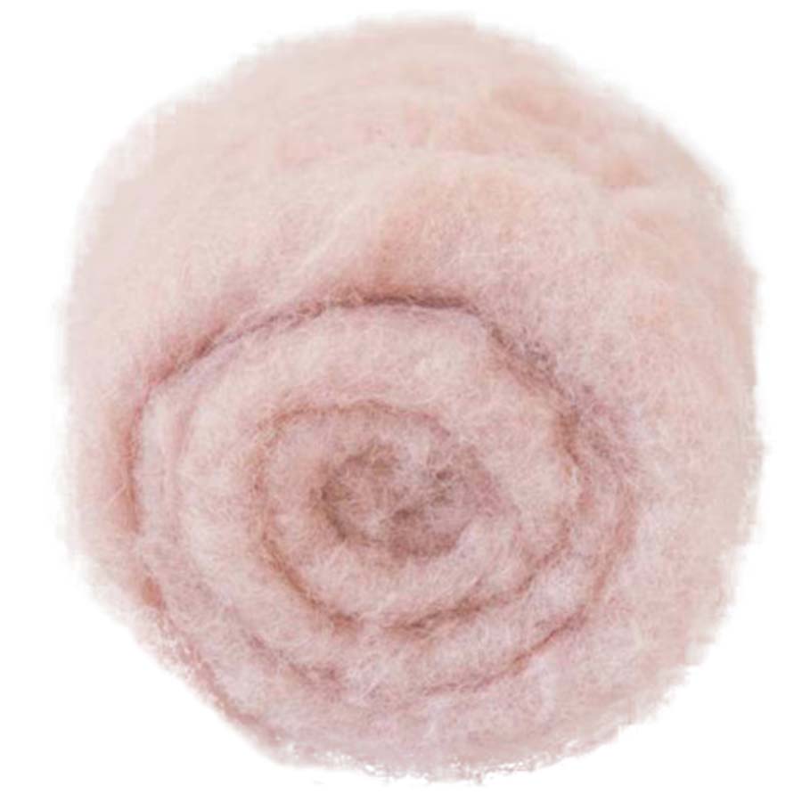 Shell – Pale ash pink shade of Maori carded wool with warm sandy undertones. 100g felting wool for needle felting, wet felting, and fibre art. Great for use as a base layer, firm core, or soft finishing touch.