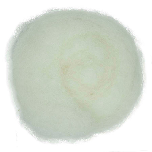 Snow – Bright pure white shade of Maori carded wool with a cool tone. 100g felting fibre for needle felting, wet felting, and spinning. Excellent as a clean base, firm core, or crisp finishing wool. It does have a lot of grassy bits