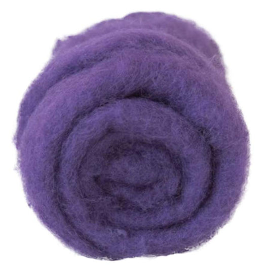Violet – Rich purple shade of Maori carded wool with balanced blue tones. 100g felting wool for needle felting, wet felting, and spinning. Works beautifully as a base fibre, sturdy core, or bold finishing wool.