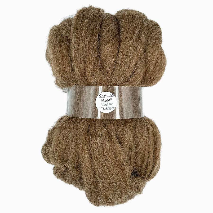 Soft Shetland moorit wool top in a warm brown shade, ideal for needle felting and spinning projects