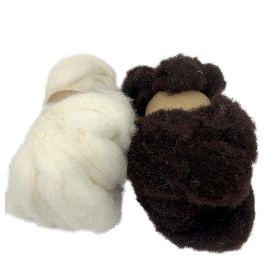Two handfuls of carded wool sliver, one is cream color and the other is brown color. The wool appears chunky and soft, intended for crafting purposes.