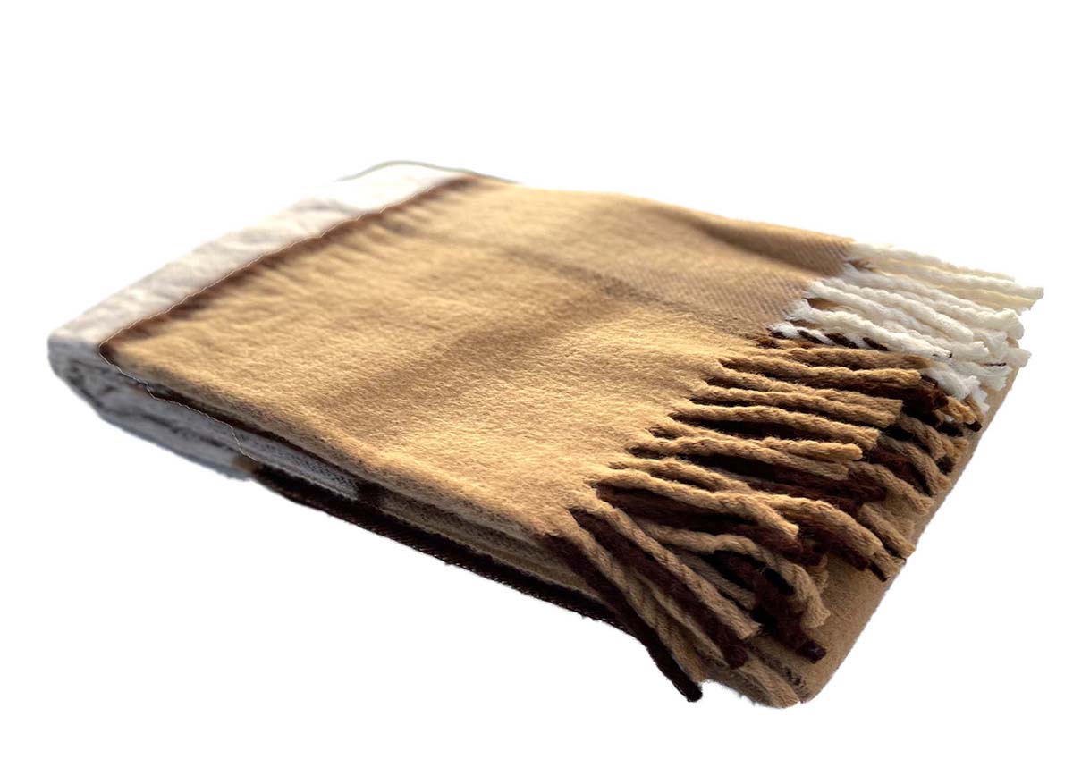 Woolen Throw Blanket Large Brown Block Check 220 x 145 cm