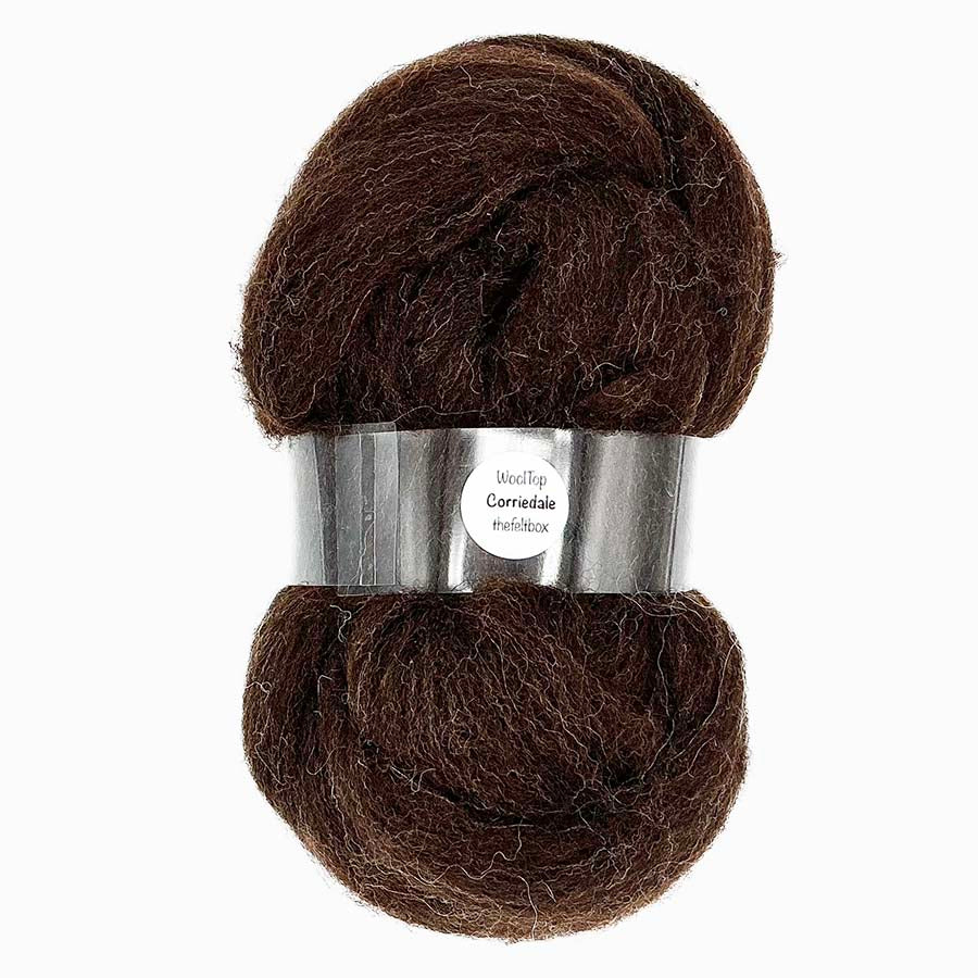 Soft brown Corriedale wool top with a fluffy, crimpy texture, ideal for needle felting and spinning projects