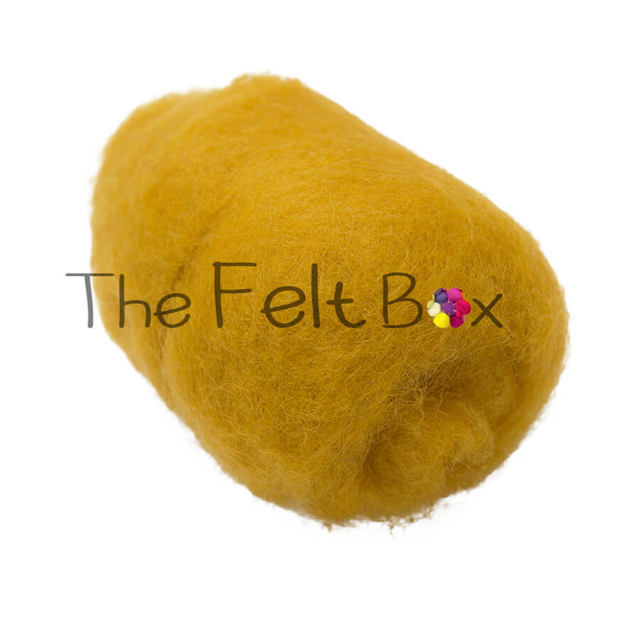 A batt of yellow carded wool batting for crafting, labeled with the number 114 and the felt box branding details.
