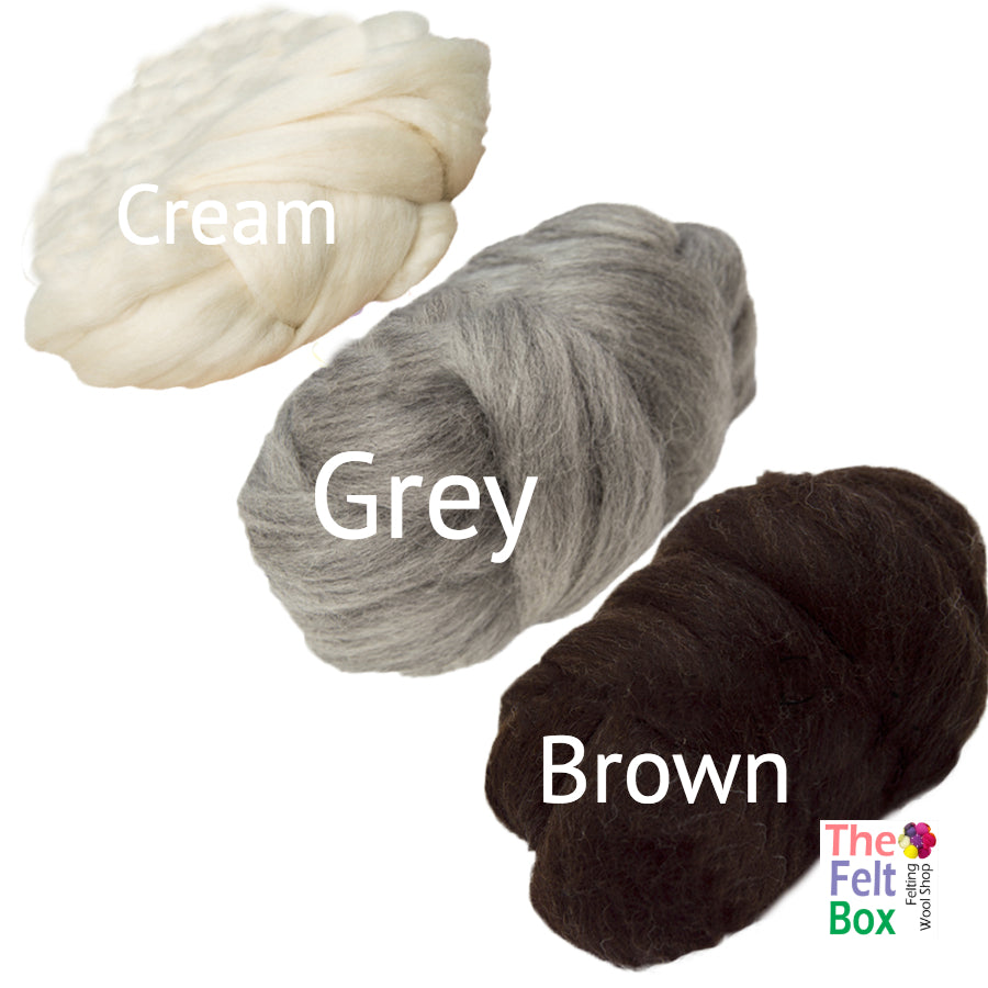 Wool Top, Corriedale Wool Top, Needle Felting and Spinning Fibre Set. Cream, Grey & Brown