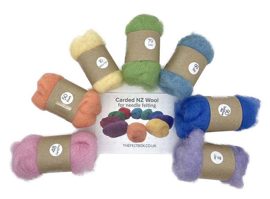 Carded Needle Felting Wool Rainbow Colour Multicoloured Felting Batt 7 x20g