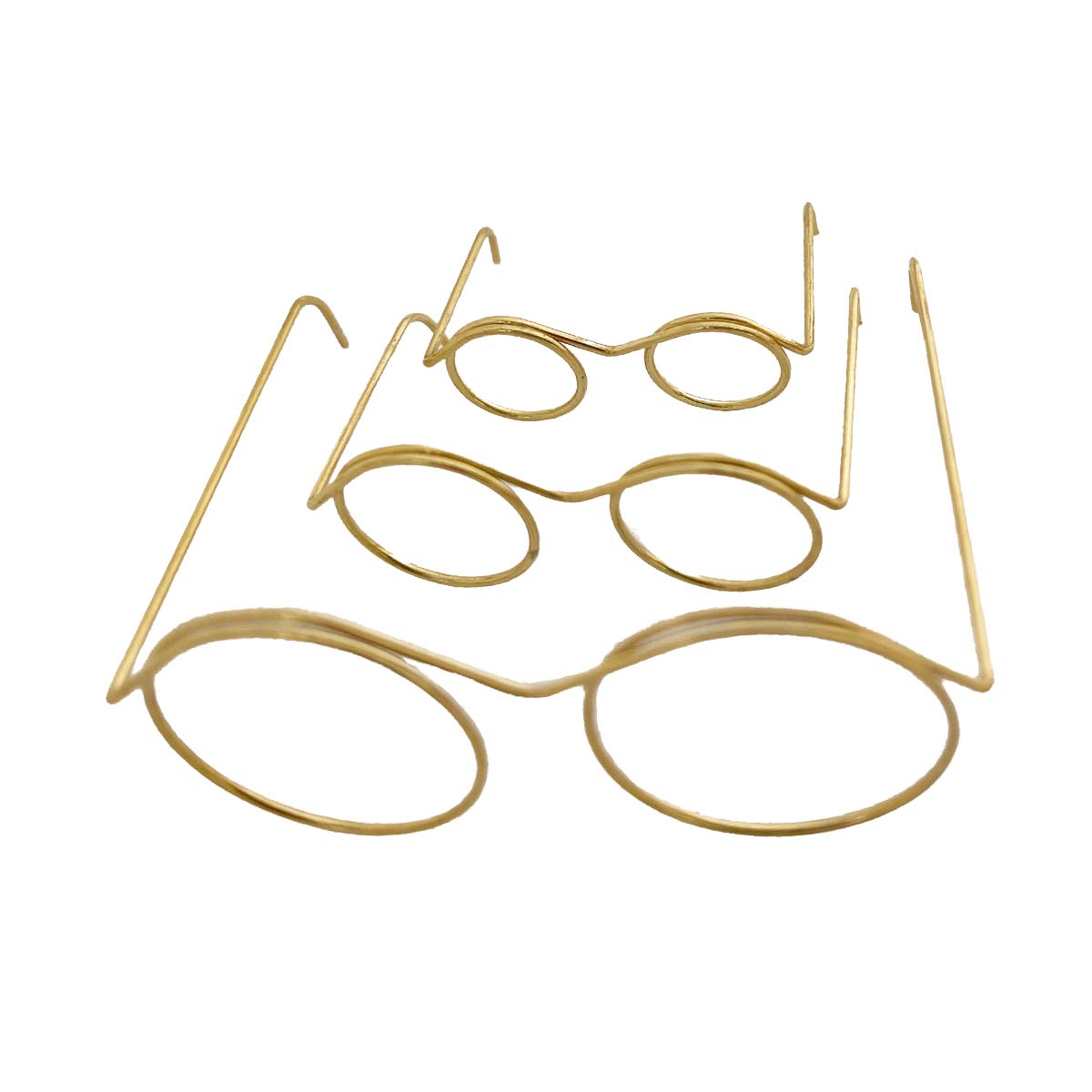 Three pairs of gold-colored metal wire spectacles in different sizes, isolated on a white background.