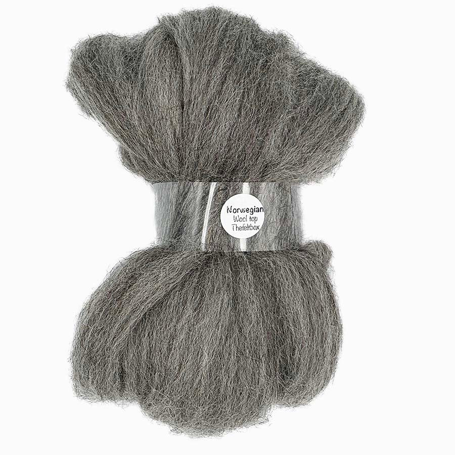 Soft Norwegian grey wool top with a natural, slightly rustic texture, ideal for needle felting and spinning
