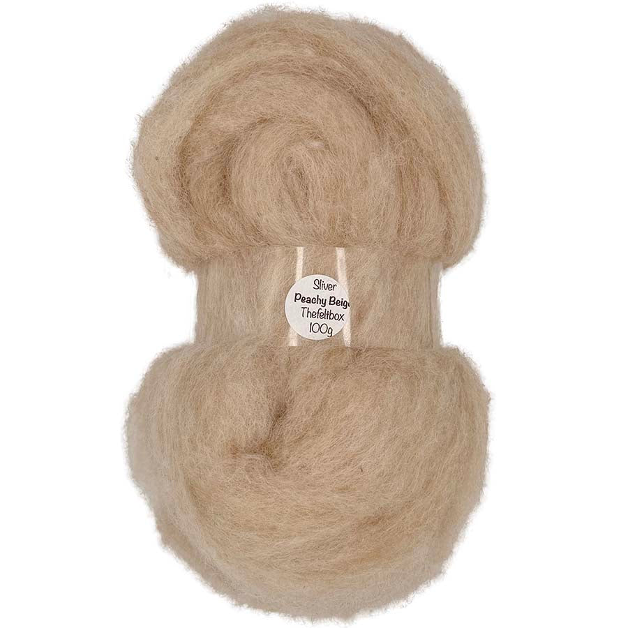 Ball of beige carded sliver with the felt box label on a white background