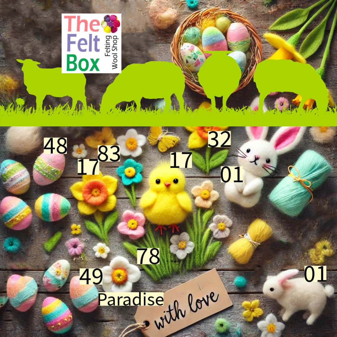 A spring needle felting scene in soft pastel colours including pink, yellow, green and blue carded wool