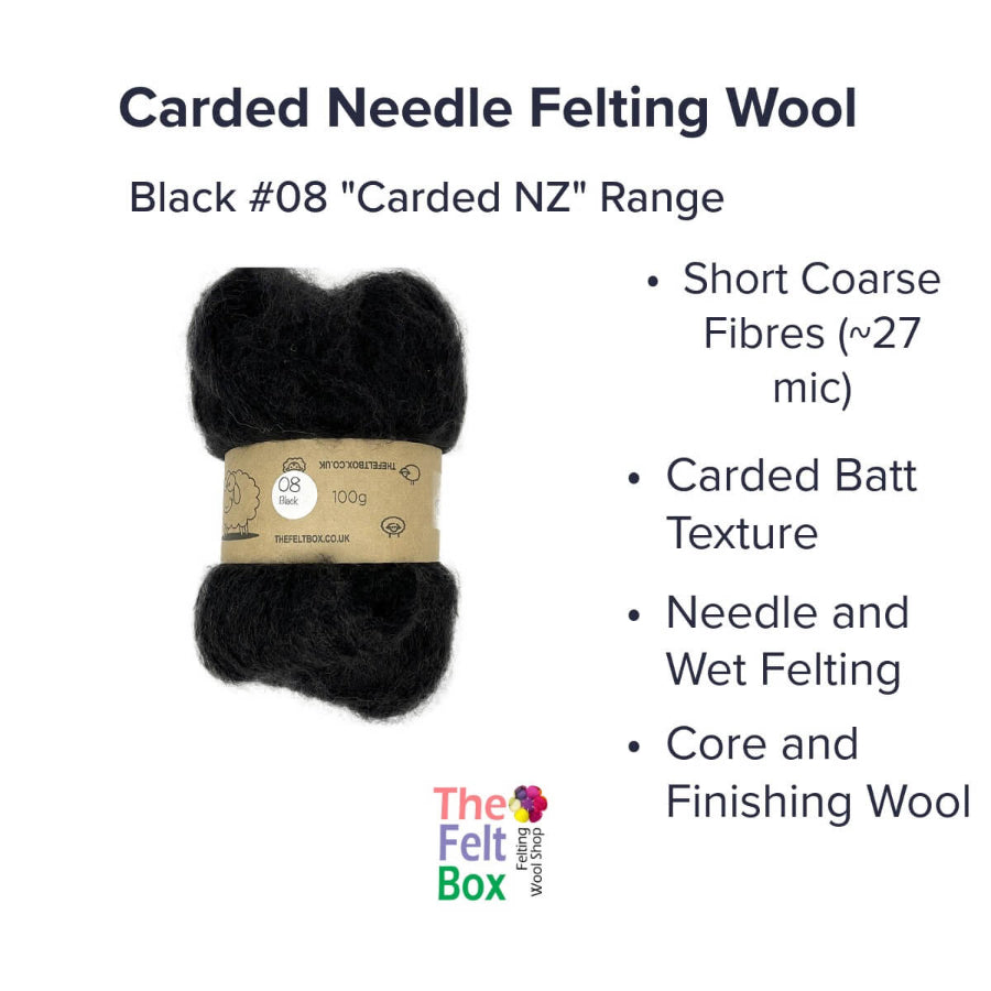 Carded NZ Wool For Needle Felting Batts - Black #08