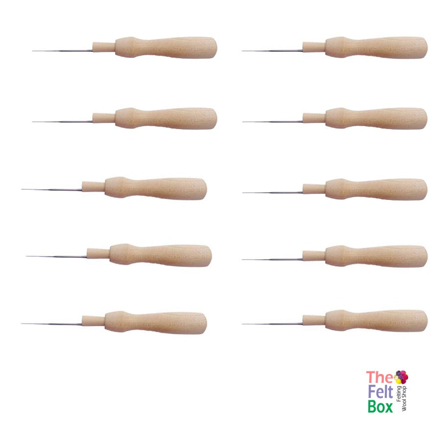 Set of wooden needles on a white background with 'The Felted Box' branding.