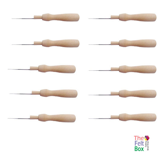 Set of wooden needles on a white background with 'The Felted Box' branding.