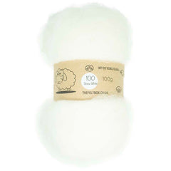 A bundle of carded NZ wool batting in snow white color, labeled as 100% Wool and 100g weight.