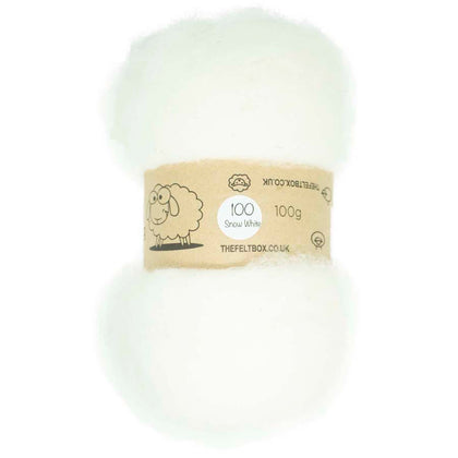A bundle of carded NZ wool batting in snow white color, labeled as 100% Wool and 100g weight.
