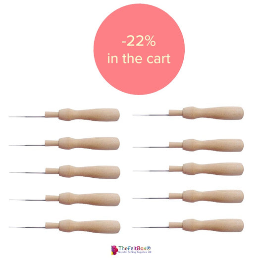 Set of wooden needles on a white background with a discount label.