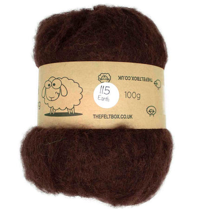 A bundle of brown carded wool batting wrapped in brown paper with a label that reads 'The Felt Box' and '115 Earth'.