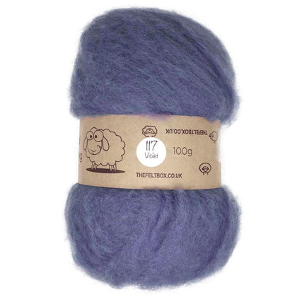 A roll of carded wool batting in violet color, with a label indicating it is a product from The Felt Box, weighing 100 grams.