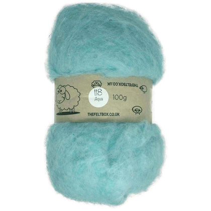 A bundle of carded wool batting in turquoise color, labeled with a tag indicating '118 Aqua' and '100g'.