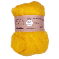 A bundle of yellow carded wool batting, labeled as 'Sunflower #20' and 'The Felt Box' with a weight of 100g.