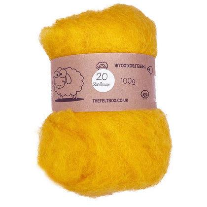 A bundle of yellow carded wool batting, labeled as 'Sunflower #20' and 'The Felt Box' with a weight of 100g.