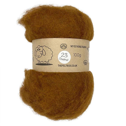 A bundle of carded NZ wool in chestnut color, labeled as '23 Chestnut 100g' by THEFELTBOX.CO.UK