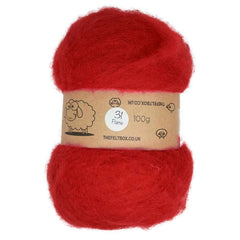 A bundle of red carded NZ wool batting, approximately 100g, labelled with the brand 'The Felt Box' and the product line 'Carded NZ', indicating it is used for felting projects.