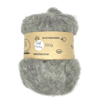 A bundle of carded wool batting in medium grey, speckled with darker grey, labeled as 'Mouse Grey #04' and weighing 100g.