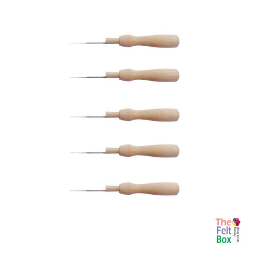 Set of five wooden-handled needles on a white background with 'The Felted Box' branding.