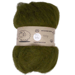 A carded batt of green wool fiber, labeled as 100% New Zealand wool, with a weight indication of 100g.