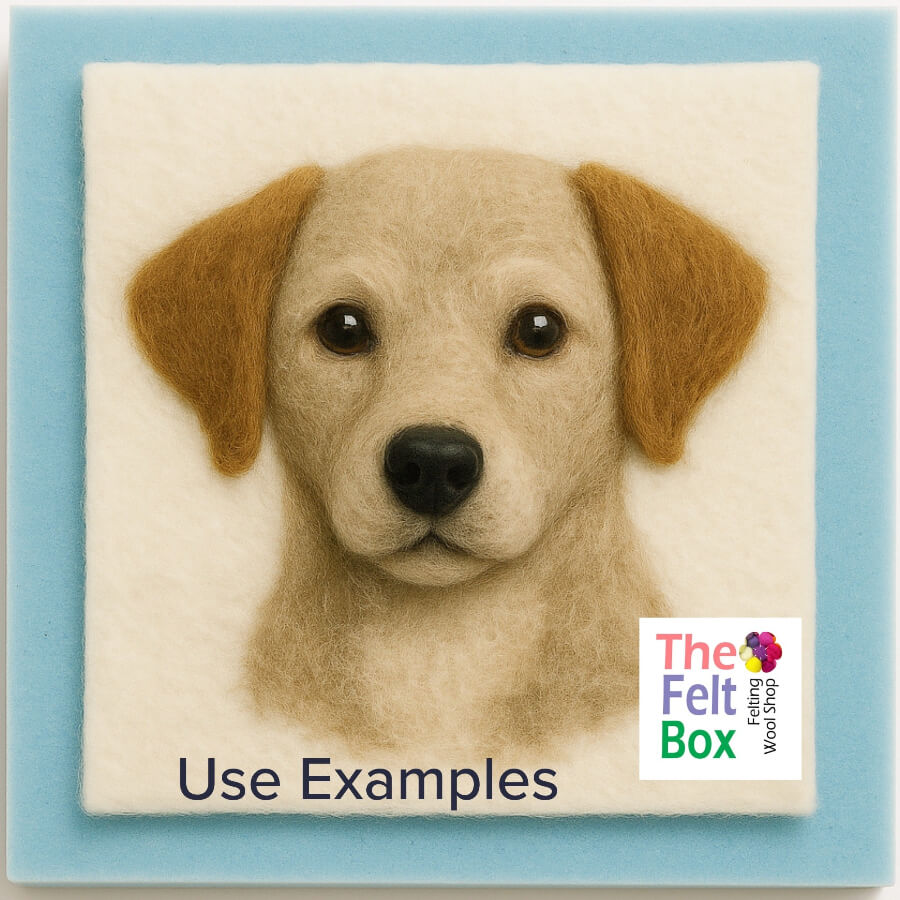 Felted dog portrait on cream prefelt on a  a blue felting mat and 'The Felt Box' branding.