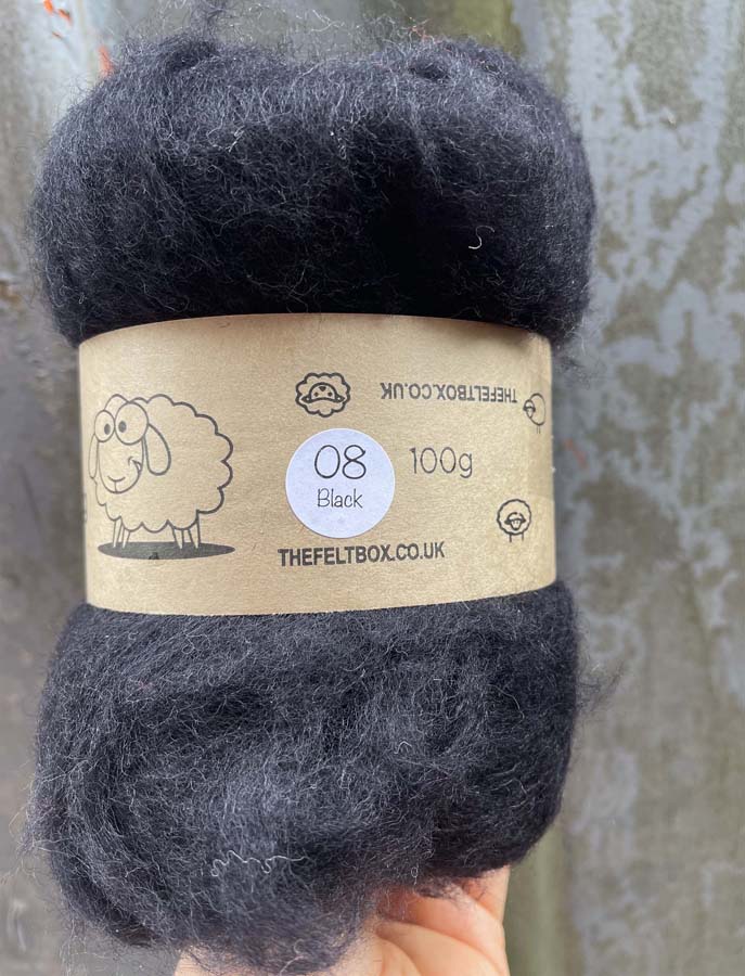 Carded Wool For Felting, Needle Felting Batting, Black  ( 08 )