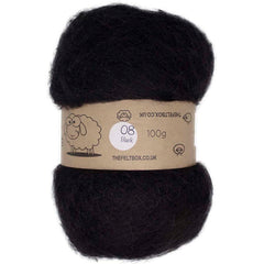 A bundle of carded NZ wool batting in black, labeled as 'Black #08' and weighing 100g, intended for needle felting and wet felting projects.