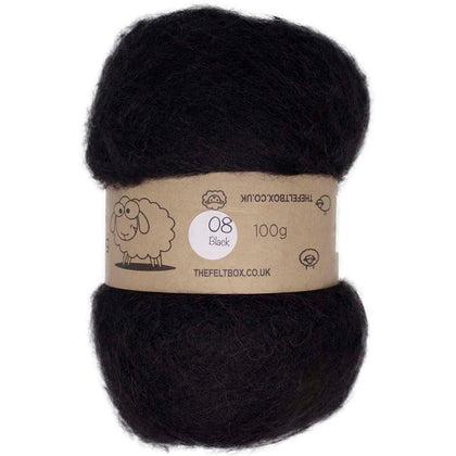 A bundle of carded NZ wool batting in black, labeled as 'Black #08' and weighing 100g, intended for needle felting and wet felting projects.