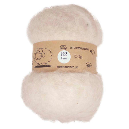A bundle of beige carded wool batting labeled '82 Linen 100g' from TheFeltBox.co.uk.