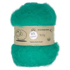A carded wool batt in aquamarine color, with a label indicating it is 100% New Zealand wool, and 100 grams.