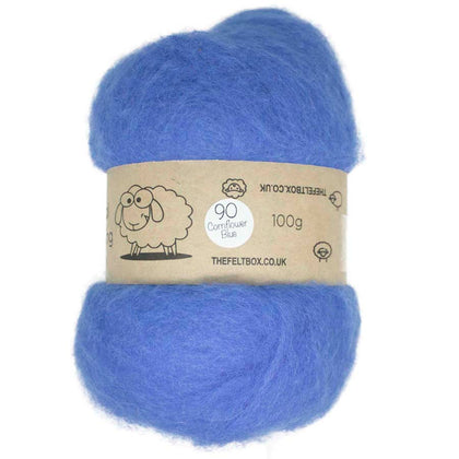 A bundle of carded NZ wool in cornflower blue color, labeled as '90 Cornflower Blue' and weighing 100g, intended for needle felting.