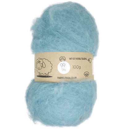 A roll of sky blue carded wool batting for needle felting, with a label indicating it is 100% New Zealand wool 
