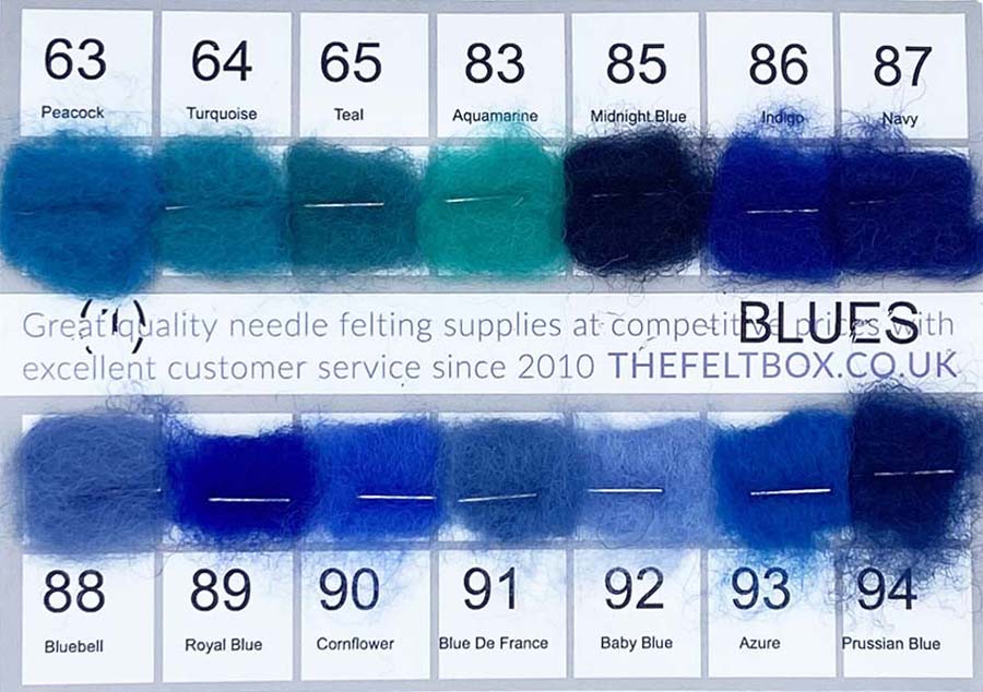 Color swatch card with blue shades and brand name 'TheFeltBox' at the bottom.