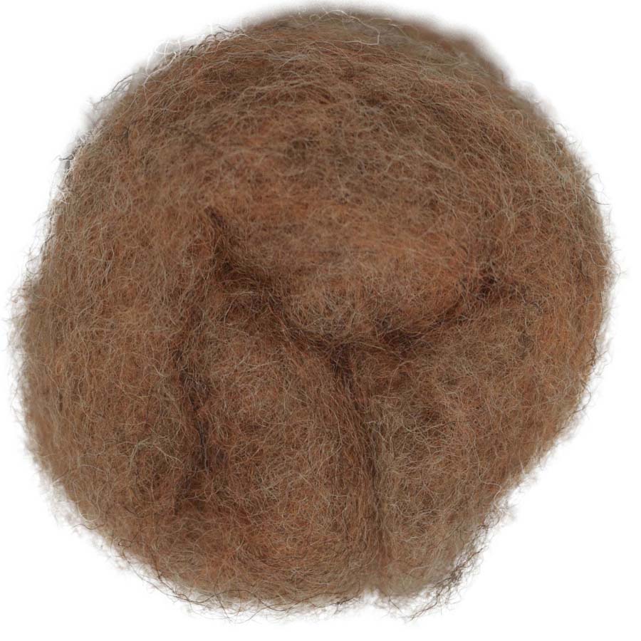 Calvados – Gingery reddish-brown melange shade of Maori carded wool with natural depth. 100g felting wool for needle felting, wet felting, and craft projects. Ideal for animal colours such as foxes or squirrels, and can be used as a base layer, strong core, or warm finishing wool.