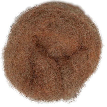 Calvados – Gingery reddish-brown melange shade of Maori carded wool with natural depth. 100g felting wool for needle felting, wet felting, and craft projects. Ideal for animal colours such as foxes or squirrels, and can be used as a base layer, strong core, or warm finishing wool.