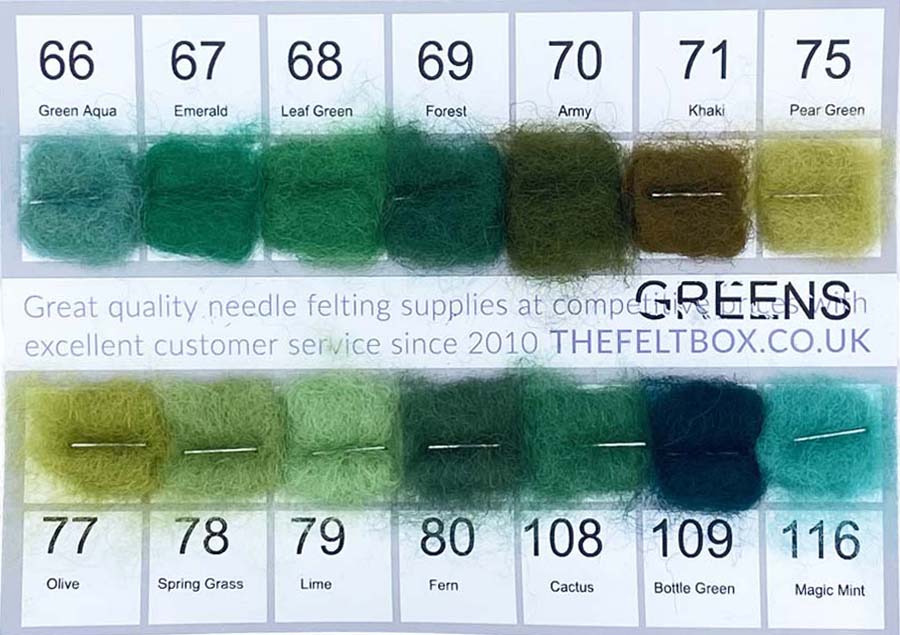 Color swatch chart for various green shades with corresponding numbers and names.