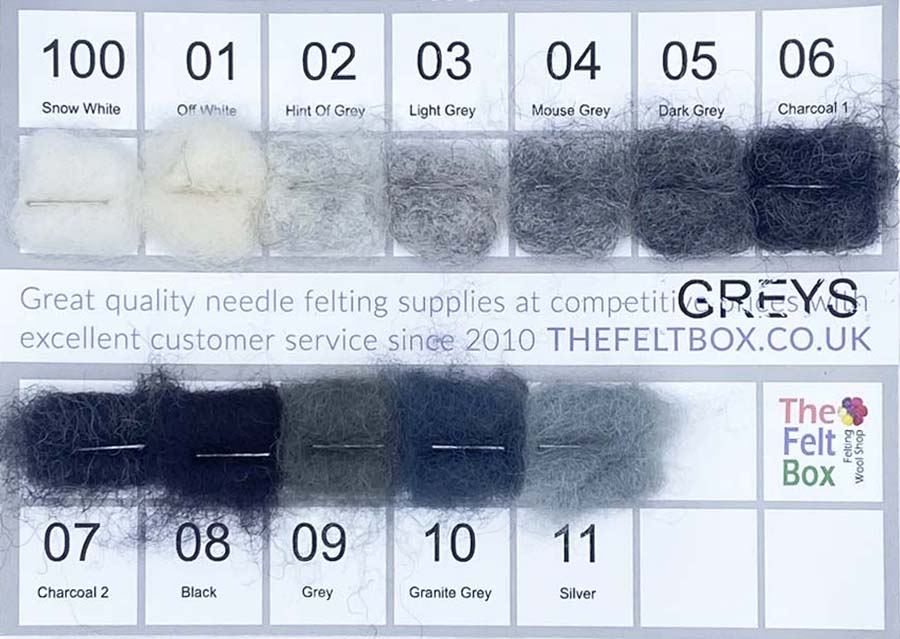 Color swatch card with various shades of gray and black, labeled with numbers and names, featuring The Felt Box branding.