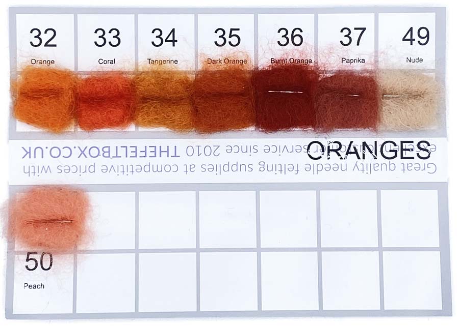 Color swatch card with various orange shades and their corresponding numbers.