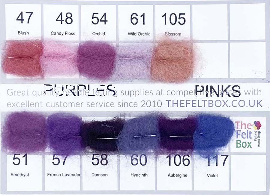 Color swatches of purples and pinks with corresponding numbers on a white background, featuring The Felt Box branding.